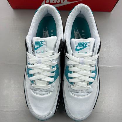 Nike Air Max 90 white trainers with teal accents and visible logo detail.