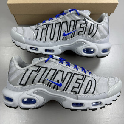 Nike Air Max Plus TN trainers grey with racer blue accents and unique design details.