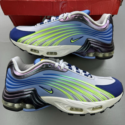 Nike Air Max Plus II white trainers with Valerian Blue and Ghost Green accents.