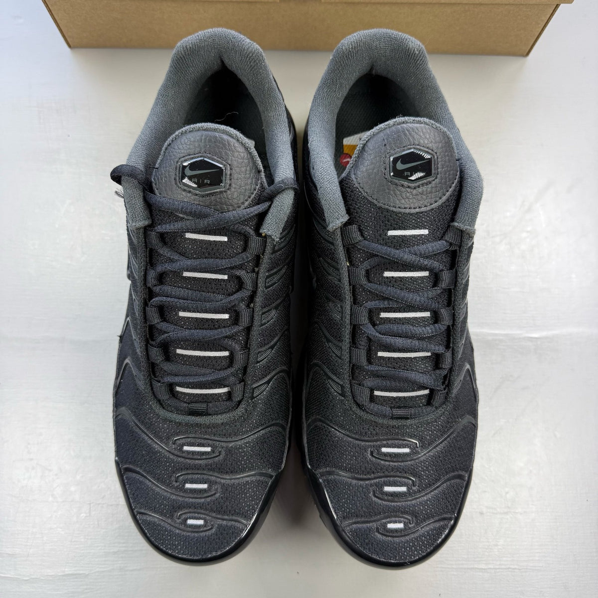 Nike Air Max Plus TN black trainers with dark smoke grey accents and logo detailing.