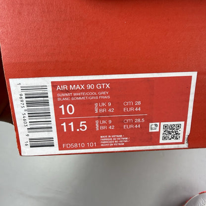 Nike Air Max 90 trainers white Gore-Tex with infrared accents and logo detail.