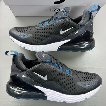 Nike Air Max 270 grey sneakers with anthracite and industrial blue accents.