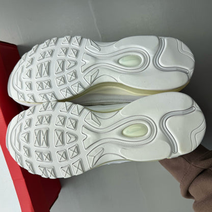 Nike Air Max 98 white trainers with platinum accents and signature swoosh logo.