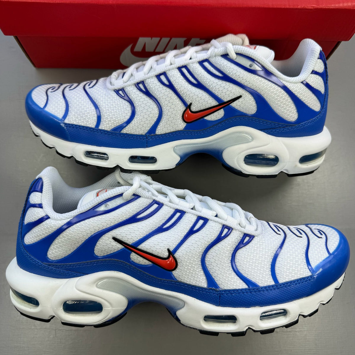 Nike Air Max Plus TN white trainers with blue accents and signature logo details.