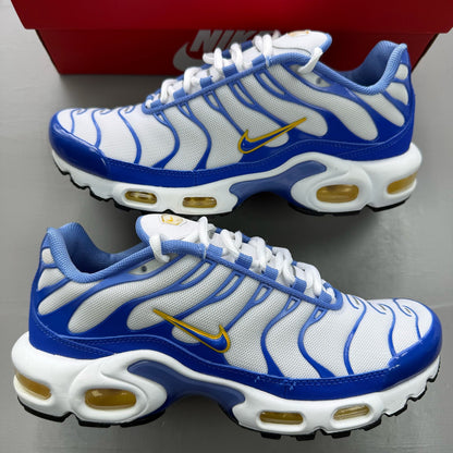 Nike Air Max Plus TN blue trainers with white accents and signature logo details.