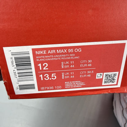 Nike Air Max 95 trainers white with university red accents and signature big bubble sole.