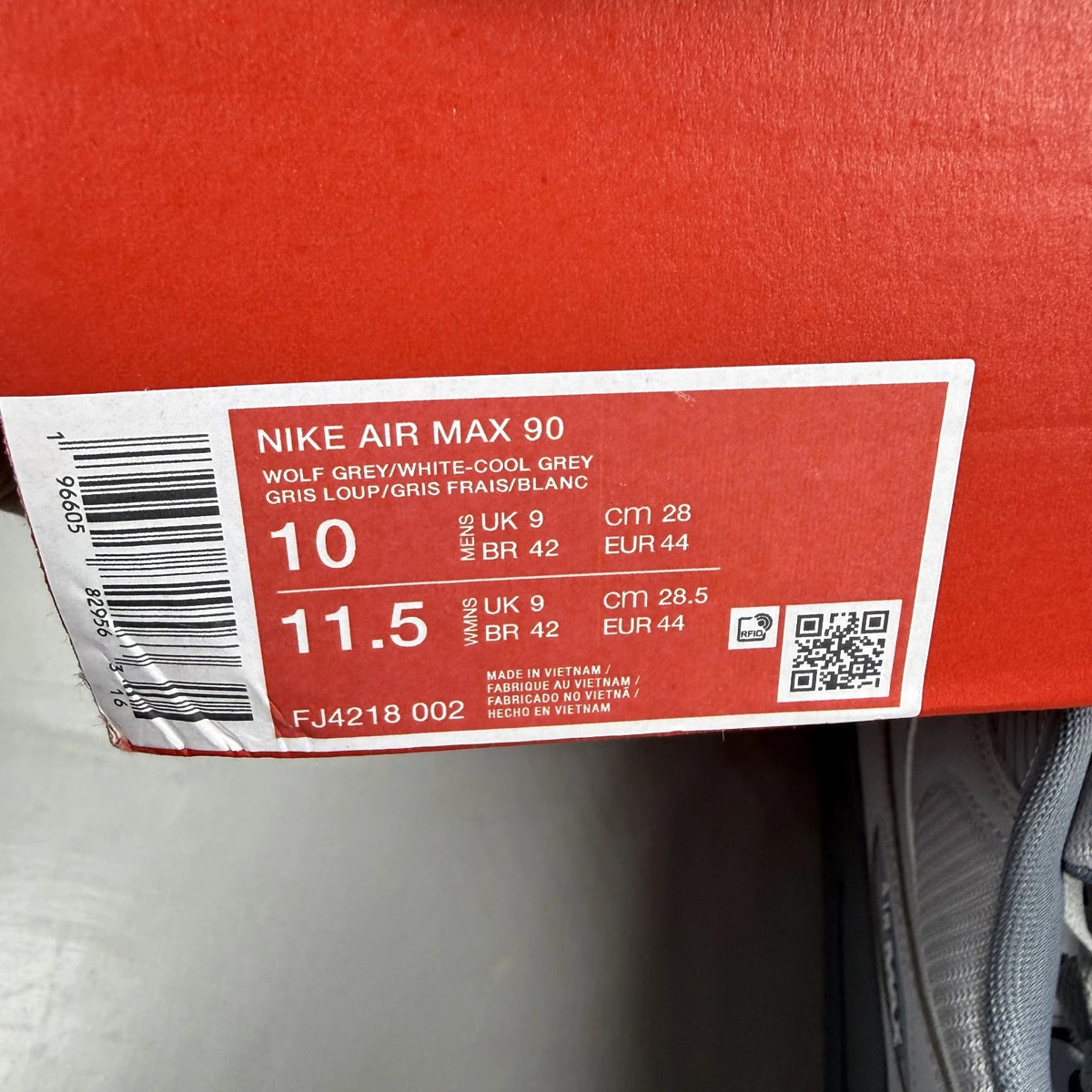 Nike Air Max 90 grey trainers with logo and mesh detailing, size UK 9.