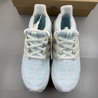 Adidas Ultra Boost 3.0 white trainers with Parley logo and breathable mesh upper.