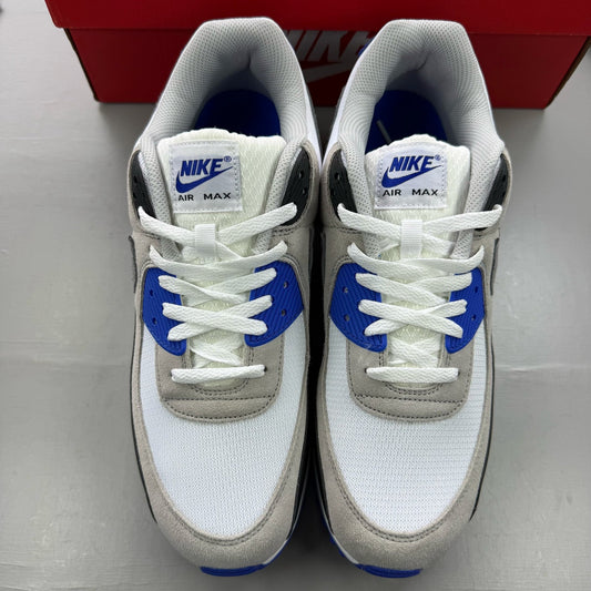 Nike Air Max 90 trainers white grey blue with signature swoosh logo and mesh details.