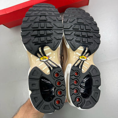 Nike Air Max Plus TN beige trainers with iconic logo and sleek design.