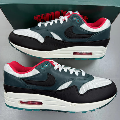 Nike Air Max 1 white trainers with LeBron James logo and Liverpool FC details.