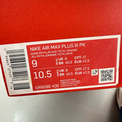 Nike Air Max Plus TN 3 blue trainers with black accents and iconic swoosh logo.