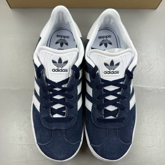 Adidas Gazelle blue trainers with white stripes and classic logo detail.