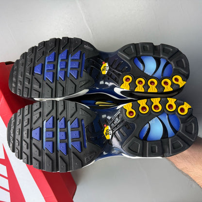 Nike Air Max Plus TN blue trainers with black accents and signature swoosh logo.