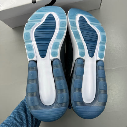 Nike Air Max 270 grey sneakers with anthracite and industrial blue accents.