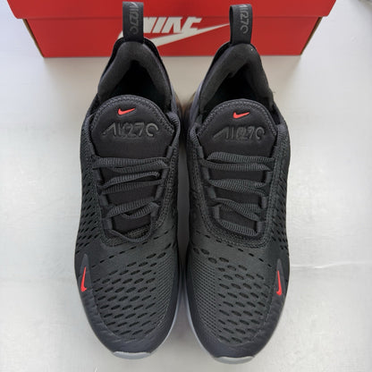Nike Air Max 270 BG black trainers with crimson red accents and grey detailing.