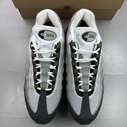 Nike Air Max 95 grey trainers with big bubble sole and logo detailing.