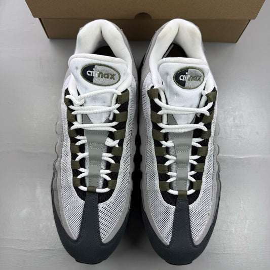 Nike Air Max 95 grey trainers with big bubble sole and logo detailing.