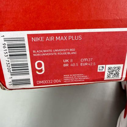 Nike Air Max Plus TN black trainers with white and university red accents, mesh material.