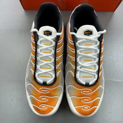 Nike Air Max Plus TN white trainers with orange accents and grey detailing.
