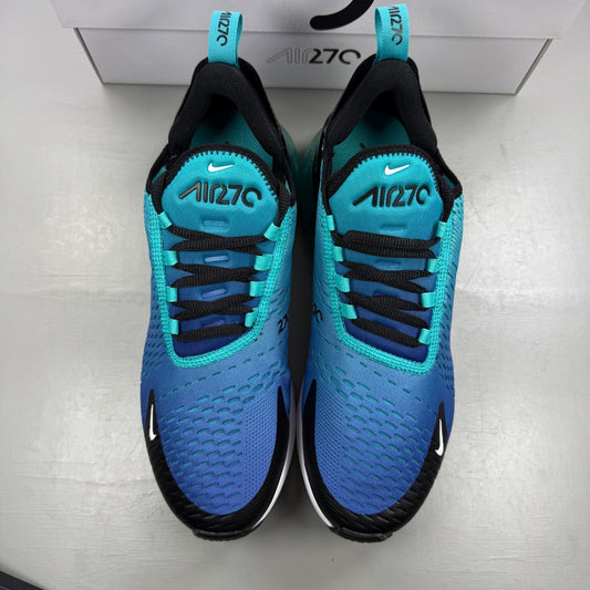 Nike Air Max 270 blue trainers with white accents and logo detail.