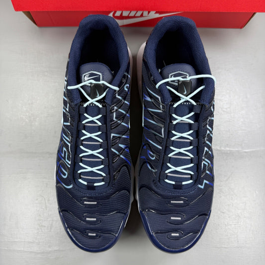 Nike deck shoes blue with obsidian accents and Air Max Plus TN logo.