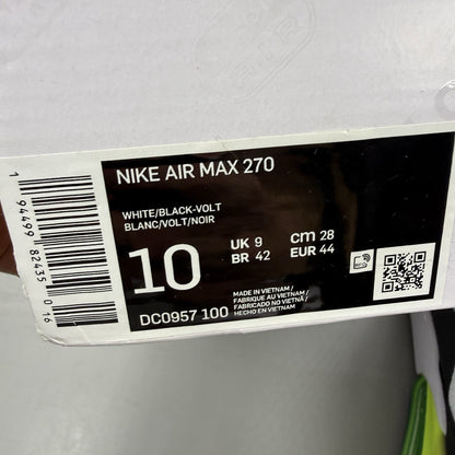 Nike Air Max 270 black trainers with white and volt green accents, mesh material.