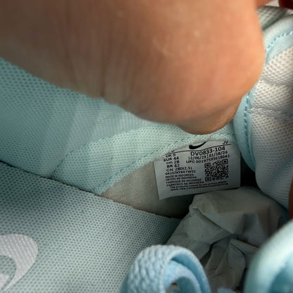 Nike Dunk Low trainers glacier blue and white with signature swoosh logo.