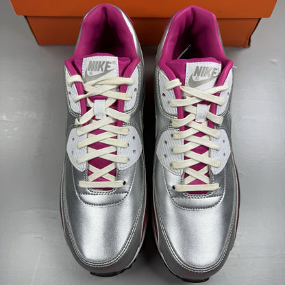 Nike Air Max 90 Premium silver trainers with airbrush finish and signature swoosh logo.