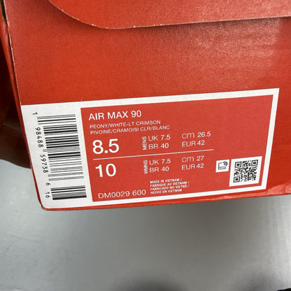 Nike Air Max 90 red trainers with white accents and signature swoosh logo.
