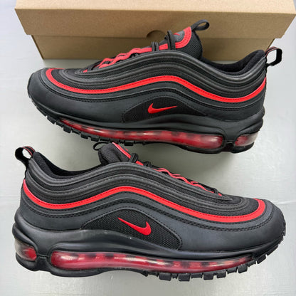 Nike Air Max 97 black trainers with red accents and signature logo details.