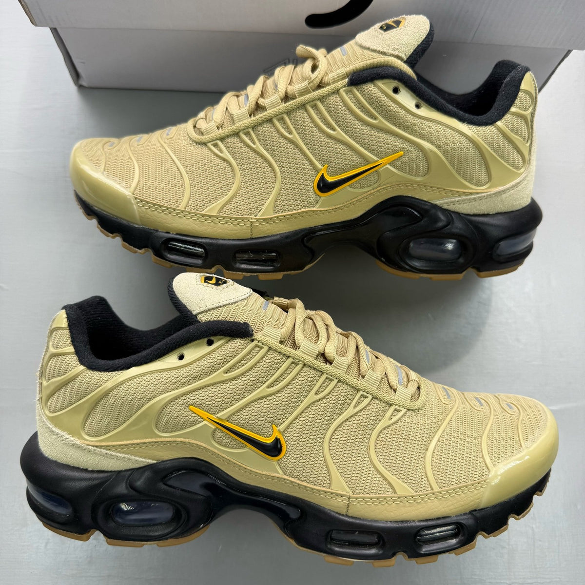 Nike Air Max Plus TN beige trainers with iconic logo and textured upper design.