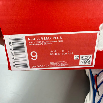 Nike Air Max Plus TN white trainers with blue accents and signature logo.