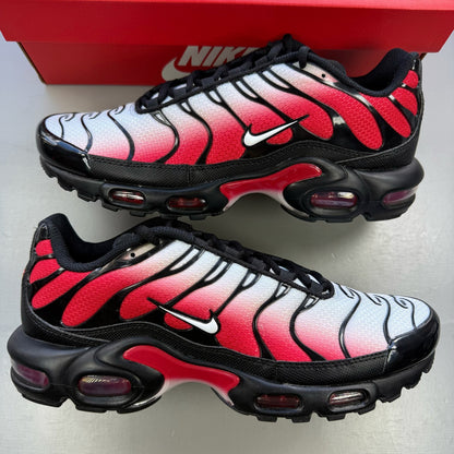 Nike Air Max Plus TN red with pure platinum accents and iconic logo detail.