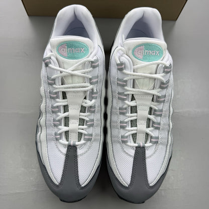 Nike Air Max 95 trainers white with turquoise and pink accents, big bubble design.