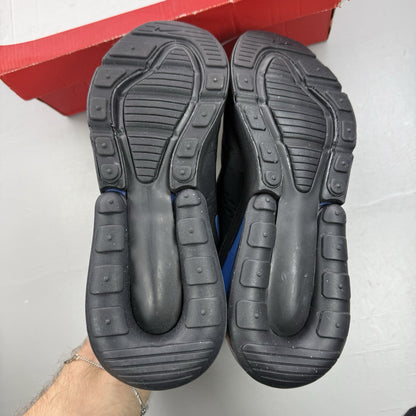 Nike Air Max 270 black trainers with multi-swoosh logo and Marina Blue accents.