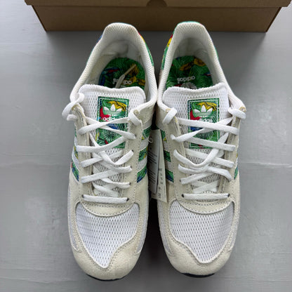 Adidas white LA Trainer with tropical pattern and logo detail on the side.