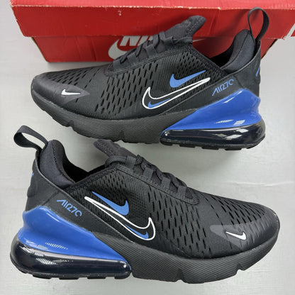 Nike Air Max 270 black trainers with multi-swoosh logo and Marina Blue accents.