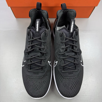 Nike React Vision black trainers with white accents and logo detailing.
