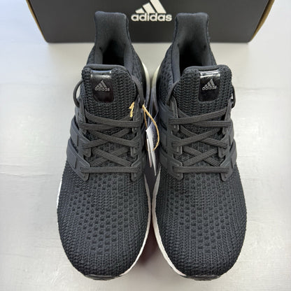 Adidas black Ultra Boost trainers with white accents and signature three-stripe logo.
