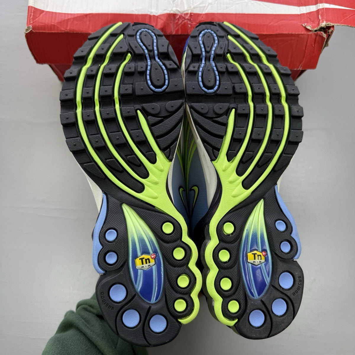 Nike Air Max Plus II white trainers with Valerian Blue and Ghost Green accents.