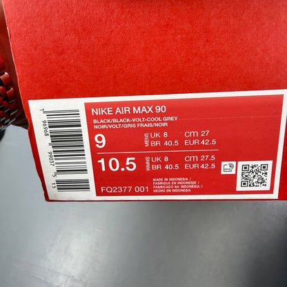 Nike Air Max 90 black with volt accents and mini swoosh logo, brand new condition.