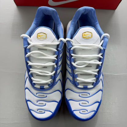 Nike Air Max Plus TN blue trainers with white accents and signature logo details.