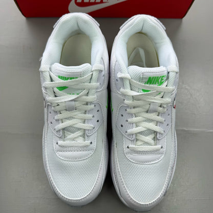 Nike Air Max 90 GS white trainers with multi-coloured Swoosh logo and mesh detailing.