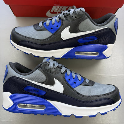 Nike Air Max 90 trainers cool grey with blue accents and Gore-Tex material.